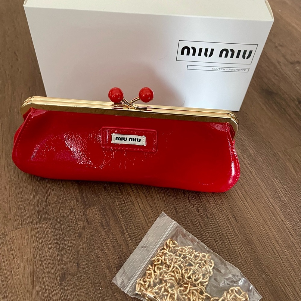 Miu Miu Red patten Cosmetic Pouch/Clutch with Chain Conversion New - Picture 4 of 7